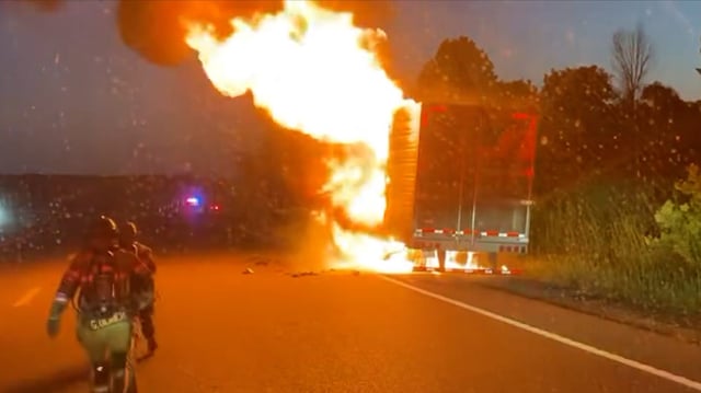 Watch firefighters battle truck blaze that toasted 40,000 pounds of ribeye steaks
