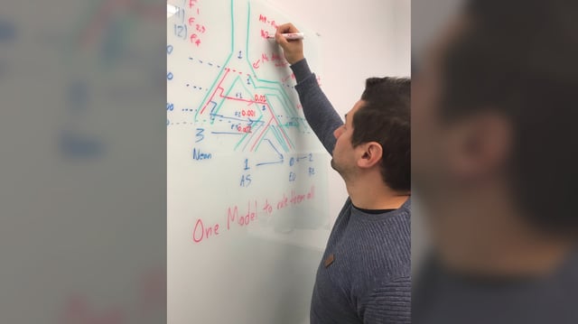 Fernando Villanea draws a diagram representing the passing of archaic variants on to modern humans. This diagram is the basis for a computer simulation that was used to test various demographic histories of MUC19 in modern Americans.