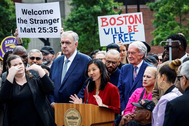 Boston Mayor Michelle Wu responds to a letter from U.S. Attorney General Pam Bondi demanding that Boston lift its sanctuary city policies, at a press conference in Boston on Aug. 19, 2025.