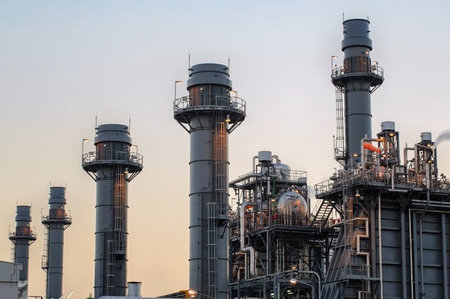 Gas turbine electrical power plant at dusk with twilight