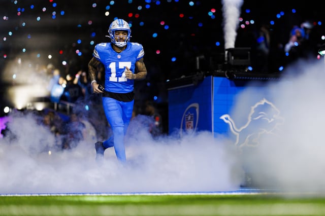 DETROIT, MICHIGAN - JANUARY 18: Wide receiver Tim Patrick #17 of the Detroit Lions enters the field during player introductions prior to the NFC Divisional Playoff game against the Washington Commanders, at Ford Field on January 18, 2025 in Detroit, Michigan.