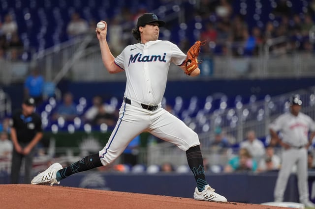 MIAMI, FLORIDA - AUGUST 5: Cal Quantrill #47 of the Miami Marins delivers a pitch in the game against the Houston Astros at loanDepot park on August 5, 2025 in Miami, Florida.