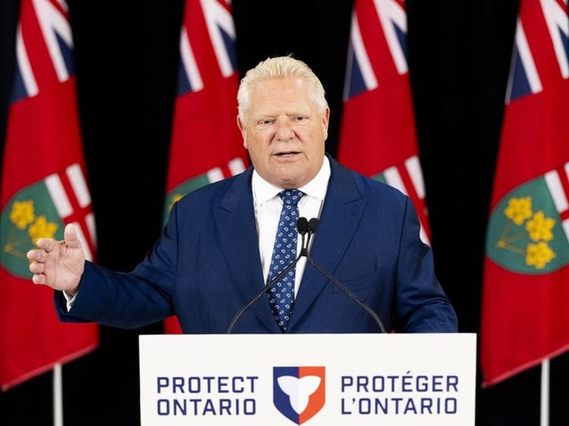 Ontario Premier Doug Ford speaks to the media during a funding announcement in Hamilton, Ont., Wednesday, Aug. 20, 2025.