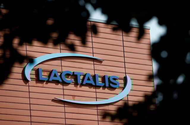 The logo of Lactalis Group is seen at the French dairy group Lactalis headquarters in Laval, France September 26, 2024. REUTERS/Stephane Mahe/File Photo