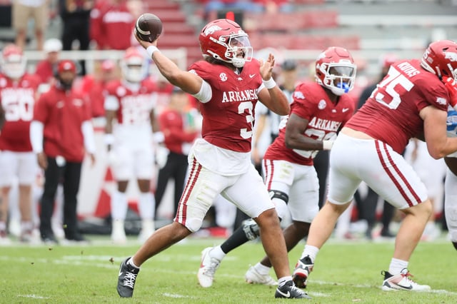 Nov 2, 2024; Fayetteville, Arkansas, USA; Arkansas Razorbacks quarterback Malachi Singleton (3) passes in the fourth quarter against the Ole Miss Rebels at Donald W. Reynolds Razorback Stadium. Mississippi won 63-31. Mandatory Credit: Nelson Chenault-Imagn Images/ File Photo