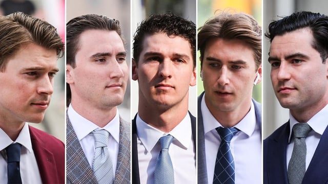 Carter Hart, Alex Formenton, Cal Foote, Michael McLeod and Dillon Dubé, left to right, were members of Canada's 2018 gold medal-winning world junior hockey team. On July 24, they were found not guilty of sexual assault after an eight-week trial in London, Ont.