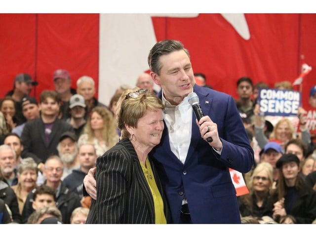Former Egmont MP Gail Shea on stage with Conservative leader Pierre Poilievre during a campaign rally in Borden-Carleton on April 1, 2025. Stu Neatby