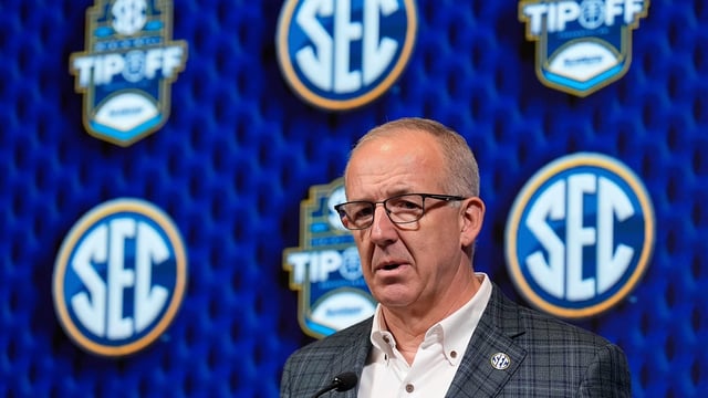 Southeastern Conference commissioner Greg Sankey speaks during SEC Media Day at the Grand Bohemian Hotel in Mountain Brook Tuesday, Oct. 16, 2024. Mandatory Credit: Gary Cosby Jr.-Tuscaloosa News / USA TODAY NETWORK via Imagn Images