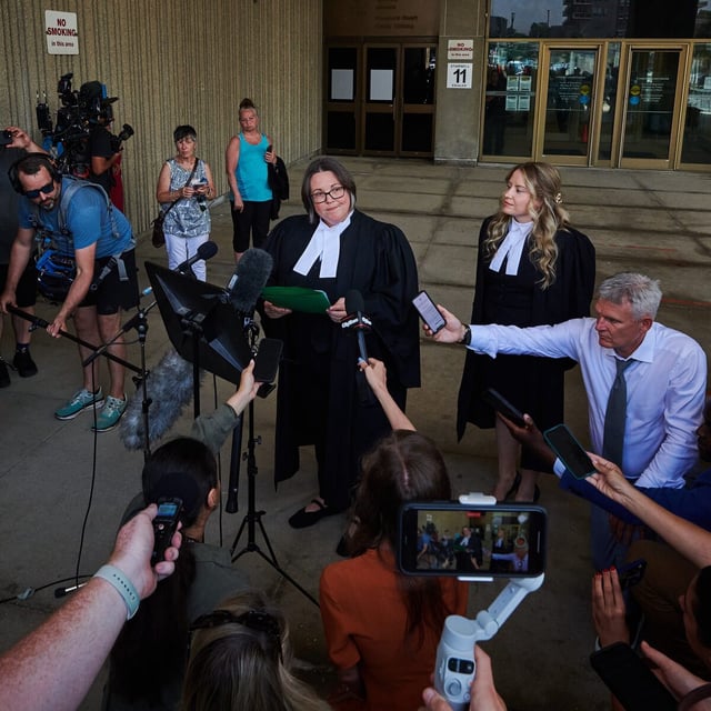Crown attorney Meaghan Cunningham speaks to media outside court in London, Ontario on July 24, 2025.
(Sammy Kogan/The Globe and Mail)