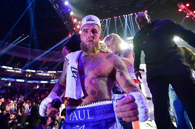 Jake Paul leaves the ring following his victory against Julio Cesar Chavez Jr. at Honda Center.