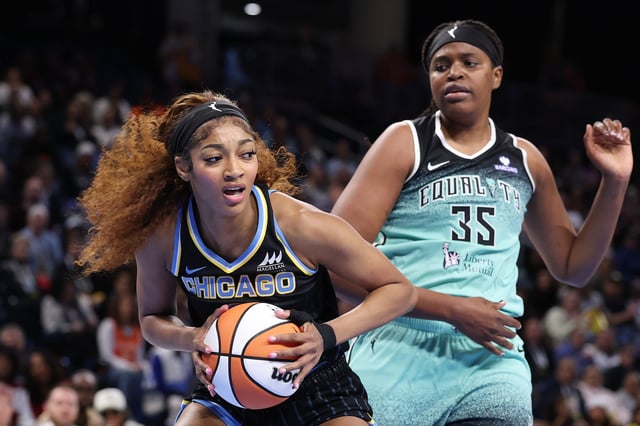 Angel Reese #5 of the Chicago Sky controls the ball against Jonquel Jones #35 of the New York Liberty during the first half at Wintrust Arena on May 22, 2025 in Chicago, Illinois.