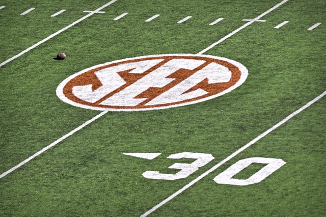 Dec 21, 2024; Austin, Texas, USA; A general view of the field and the SEC logo before the game between the Texas Longhorns and the Clemson Tigers in the CFP National Playoff first round game at Darrell K Royal-Texas Memorial Stadium. Mandatory Credit: Jerome Miron-Imagn Images/ File Photo