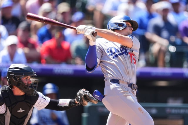 The Dodgers’ Alex Freeland hits an RBI double during the fourth inning of their game against the Colorado Rockies on Thursday afternoon at Coors Field in Denver. Freeland went 3 for 5 with a double and a triple in the 9-5 win. (AP Photo/David Zalubowski)