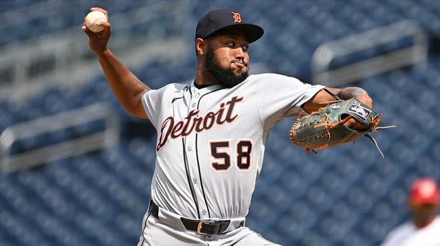 Jul 2, 2025; Washington, District of Columbia, USA; Detroit Tigers relief pitcher Dylan Smith (58) throws a pitch against the against the Washington Nationals during the eighth inning at Nationals Park. Mandatory Credit: Rafael Suanes-Imagn Images