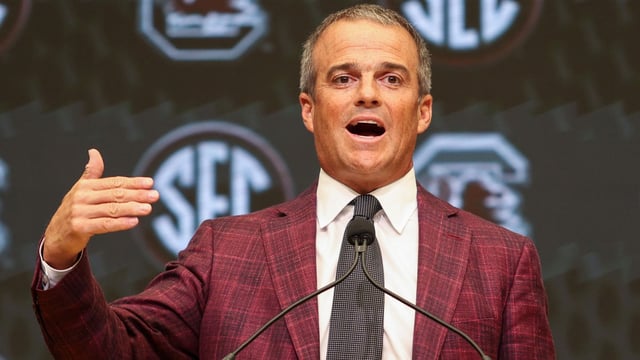 Jul 14, 2025; Atlanta, GA, USA; South Carolina Gamecocks head coach Shane Beamer talks to the media during SEC Media Day at Omni Atlanta Hotel. Mandatory Credit: Jordan Godfree-Imagn Images