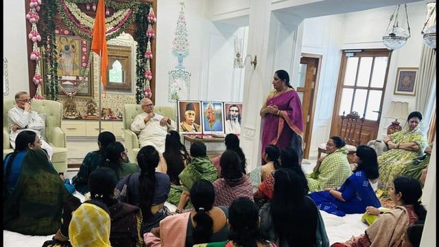 NCP leader and Rajya Sabha MP Sunetra Pawar attending a Rashtriya Swayamsevak Sangh (RSS) affiliated women’s organisation’s meeting in Delhi on Wednesday.