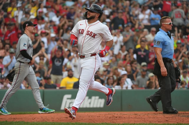 Aug 17, 2025; Boston, Massachusetts, USA;  Boston Red Sox right fielder Wilyer Abreu (52) scores a run during the seventh inning against the Miami Marlins at Fenway Park. Mandatory Credit: Bob DeChiara-Imagn Images/ File Photo