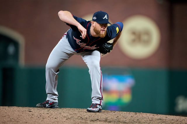 Jun 6, 2025; San Francisco, California, USA; Atlanta Braves pitcher Craig Kimbrel (46) looks at the catcher against the San Francisco Giants during the seventh inning at Oracle Park. Mandatory Credit: Robert Edwards-Imagn Images/ File Photo