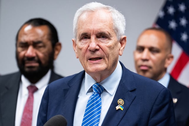 Rep. Lloyd Doggett, D-Texas, speaks during a news conference with members of the Texas congressional delegation to discuss possible redistricting in the state at the Democratic National Committee offices on July 15. Rep. Al Green, D-Texas, left, and House Minority Leader Hakeem Jeffries, D-N.Y., also appear.
