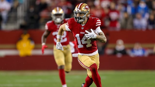 Dec 30, 2024; Santa Clara, California, USA; San Francisco 49ers wide receiver Ricky Pearsall (14) during the game against the Detroit Lions at Levi's Stadium. Mandatory Credit: Sergio Estrada-Imagn Images