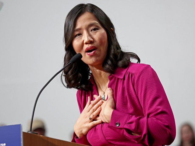 Boston Mayor Michelle Wu announces her re election candatcay on April 5. (Staff Photo By Stuart Cahill/Boston Herald via Getty Images)