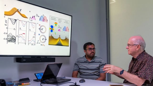 Rice University researchers Manoj Mattur (left) and Professor Boris Yakobson (right) review data showing how wrinkles in 2D materials influence electron spin. Their work demonstrates how simple bends in atom-thin sheets could lead to faster, more efficient spintronic devices.