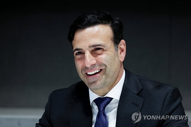 Heath Tarbert, president of Circle Internet Group Inc., smiles during an interview with Yonhap News Agency at a hotel in Seoul on Aug. 21, 2025, during his visit to South Korea. (Yonhap)