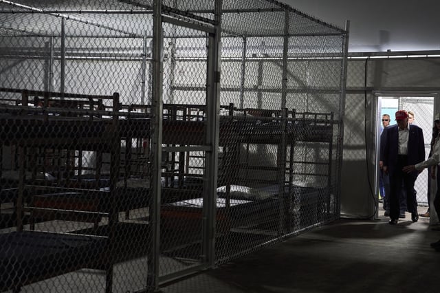 FILE - President Donald Trump tours "Alligator Alcatraz," a new migrant detention facility at Dade-Collier Training and Transition facility, on July 1, 2025, in Ochopee, Fla. (AP Photo/Evan Vucci, File)
