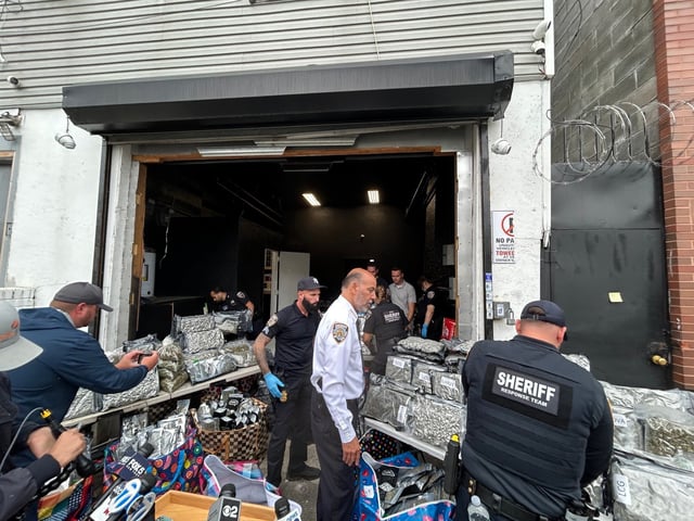 Drug raid at Budzotic, an underground drug wholesaler at 522 Timpaon Pl. in the Bronx on August 21, 2025. (Kerry Burke/New York Daily News)