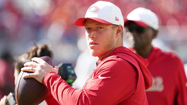 Aug 9, 2025; Santa Clara, California, USA; San Francisco 49ers running back Christian McCaffrey (23) warms up before the game against the Denver Broncos at Levi's Stadium. Mandatory Credit: David Gonzales-Imagn Images