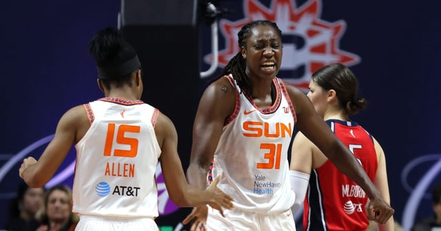 Tina Charles, right, of the Sun, shown here in action from earlier in the season, led Connecticut with 21 points in a 67-56 win over Washington on Thursday at Mohegan Sun Arena. (Chris Marion/NBAE via Getty Images)