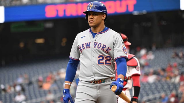 Aug 20, 2025; Washington, District of Columbia, USA; New York Mets right fielder Juan Soto (22) walks back the the dugout after striking out against the Washington Nationals during the first inning at Nationals Park. Mandatory Credit: Rafael Suanes-Imagn Images