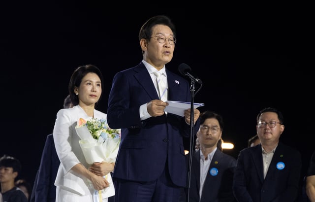 South Korean President Lee Jae-Myung speaks after receiving letters of appointment during a "people’s appointment ceremony" at Gwanghwamun square in Seoul, South Korea, August 15, 2025. Jeon Heon-Kyun/Pool via REUTERS/File Photo