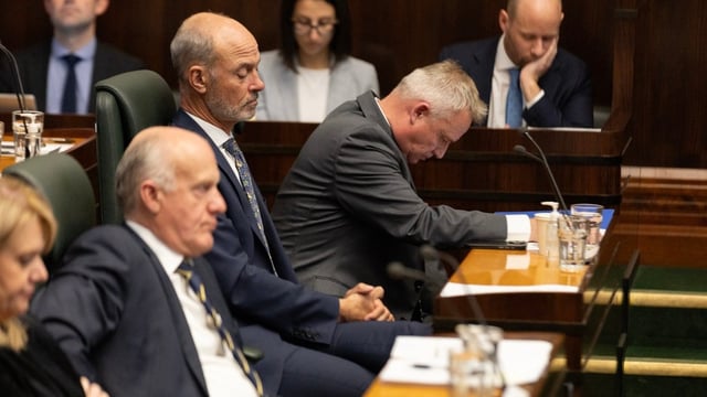 Premier Jeremy Rockliff hangs his head in state parliament (Image: AAP/Chris Kidd)