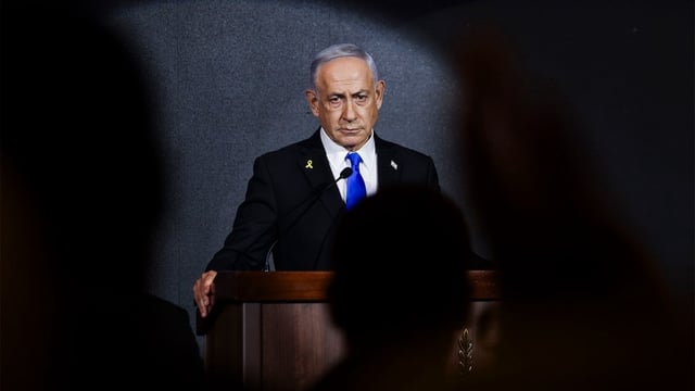 Israeli Prime Minister Benjamin Netanyahu delivers a speech during a US Independence Day reception, hosted by Newsmax (Image: EPA/Ronen Zvulun)
