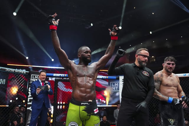 CHICAGO, IL - JUNE 28: Fabian Edwards celebrates after defeating Josh Silveira during the semifinals of the PFL 2025 World Tournament at Wintrust Arena on June 28, 2025 in Chicago, Florida.