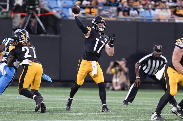 Aug 21, 2025; Charlotte, North Carolina, USA; Pittsburgh Steelers quarterback Skylar Thompson (17) throws against the Carolina Panthers  during the second quarter at Bank of America Stadium. Mandatory Credit: Jim Dedmon-Imagn Images