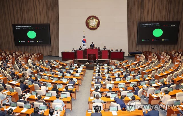 The National Assembly passes an amendment to the Korea Educational Broadcasting System Act during a plenary session on Aug. 22, 2025. (Yonhap)