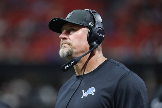 Head coach Dan Campbell of the Detroit Lions looks on during the NFL Preseason 2025 game between Detroit Lions and Atlanta Falcons at Mercedes-Benz Stadium on August 8, 2025 in Atlanta, Georgia.