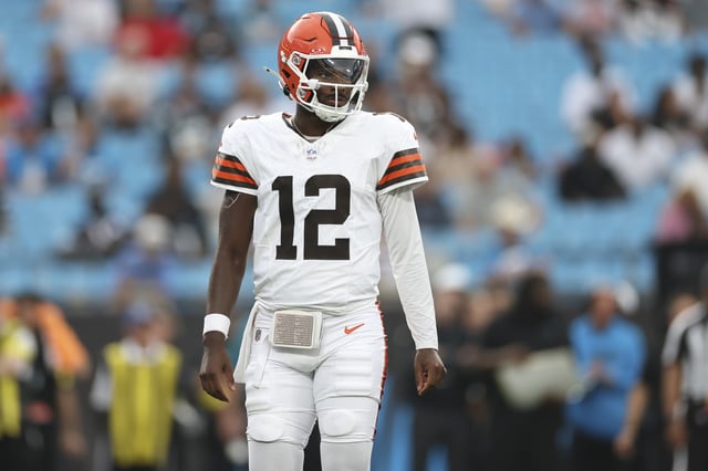 Shedeur Sanders #12 of the Cleveland Browns looks to the sideline during a NFL Preseason 2025 game against the Carolina Panthers at Bank of America Stadium on August 8, 2025 in Charlotte, North Carolina.