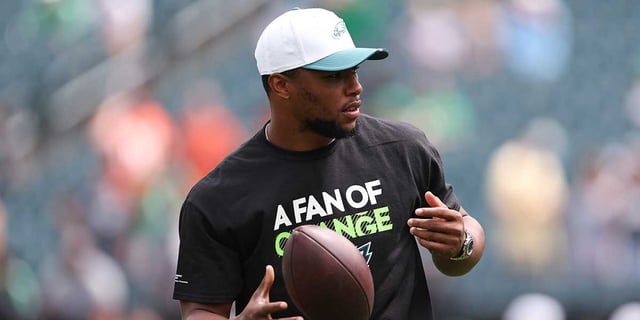 Aug 16, 2025; Philadelphia, Pennsylvania, USA; Philadelphia Eagles running back Saquon Barkley before a game against the Cleveland Browns at Lincoln Financial Field. Mandatory Credit: Bill Streicher-Imagn Images