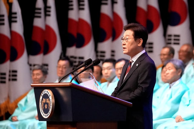 South Korean President Lee Jae Myung speaks during a ceremony to celebrate the 80th anniversary of Korea's liberation from Japanese colonial rule, in Seoul, South Korea, Friday, Aug. 15, 2025.     Ahn Young-joon/Pool via REUTERS/File Photo