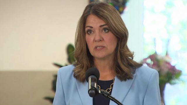Premier Danielle Smith defended her government's COVID-19 policy at a news conference in Calgary on Thursday. 