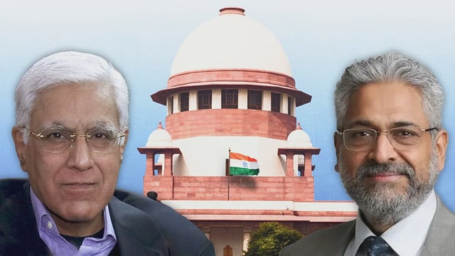 Karan Thapar, Siddharth Vardarajan and the Supreme Court's building.