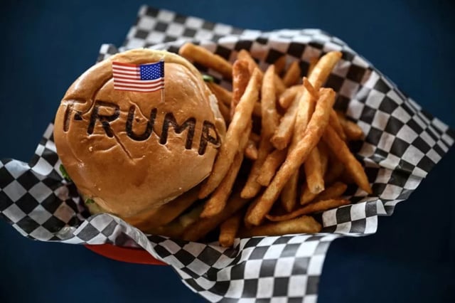 A burger at Trump Burger restaurant, in Bellville, Texas, on April 19, 2025. Roland Beainy, one of the restaurant's co-owners, has reportedly been detained by ICE.
