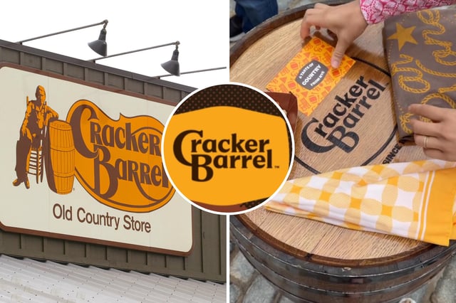 L: A Cracker Barrel Old Country Store sign is visible atop one of its restaurants, April 12, 2002 in Naperville, IL. R, and insert: Cracker Barrel's new logo and redesign, in images taken from their Instagram.