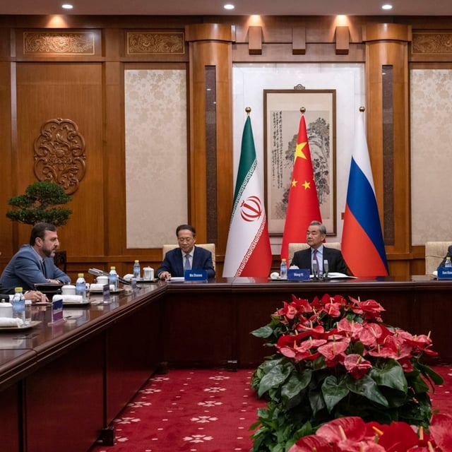 Der chinesische Außenminister Wang Yi (Mitte) bei einem Treffen mit dem russischen Vize-Außenminister Sergej Rjabkow (rechts) und dem iranischen Vize-Außenminister Kazeem Gharibabadi (links).