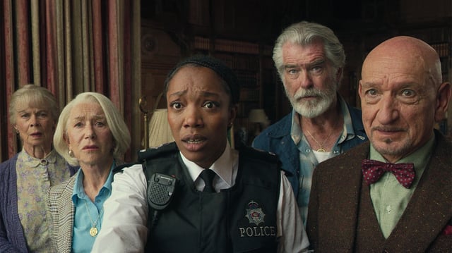 (From left) Mays, Celia Imrie, Helen Mirren, Naomi Ackie, Pierce Brosnan and Ben Kingsley. Image: Courtesy of Netflix