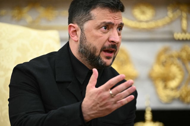 Ukrainian President Volodymyr Zelensky speaks during a meeting with US President Donald Trump in the Oval Office of the White House in Washington, DC, on August 18, 2025.