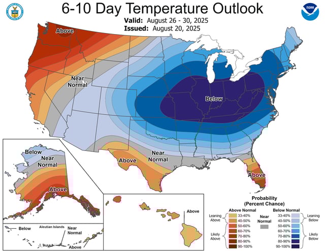 Blue means brrr: Below-average temperatures are forecast for much of the Midwest and Northeast between Aug. 26-30, 2025.